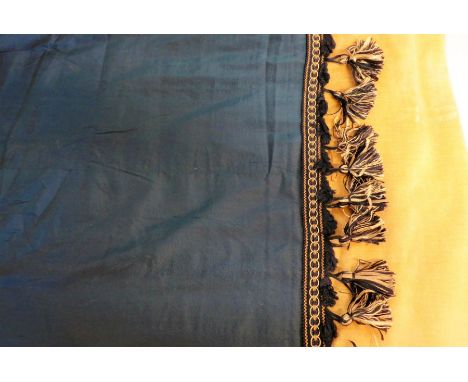 A pair of dark-green silk curtains; edged with velvet and tassels, pinch-pleat heading, thermal lined (approx. 339cm drop&nbs