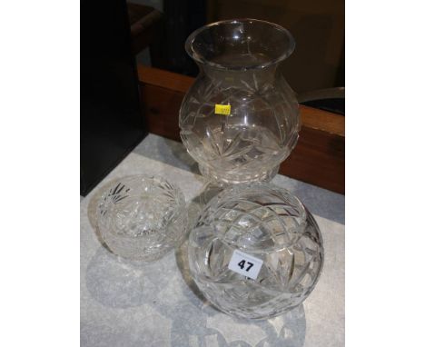 Glass hurricane lamp and two vases