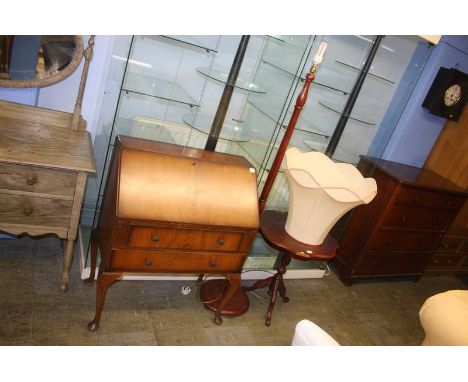 Walnut bureau, occasional table and standard lamp