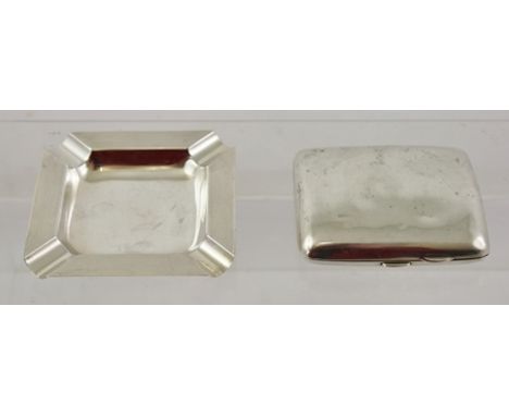 HENRY PERKINS & SONS A SQUARE SILVER ASHTRAY having four channels, engine turned decorated front, Birmingham 1965, and a plai