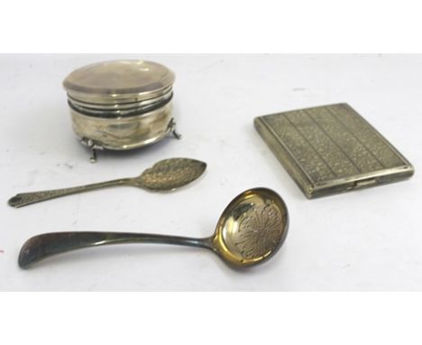 AN ASSORTMENT OF SILVER AND PLATED WARES to include a scroll engraved silver cigarette case monogrammed, a silver circular tr