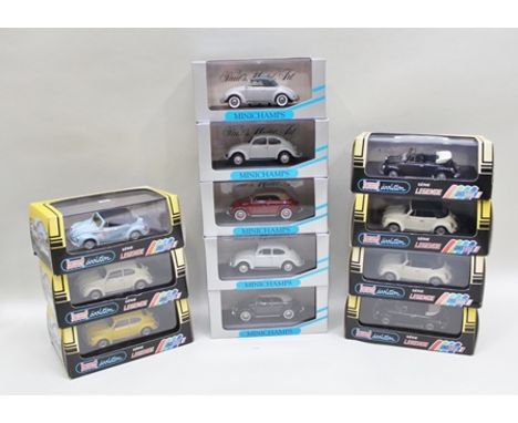 FIVE MINICHAMPS HALLS MODEL ART 1:43 SCALE MODELS OF VW BEETLES in original vendor's boxes and seven UF Jouef Evolution serie