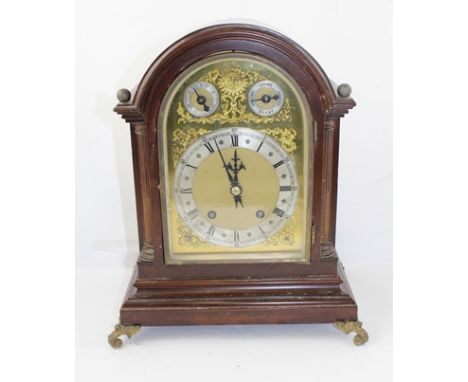 A MID 20TH CENTURY MAHOGANY BRACKET CLOCK, having arched case, 8-day German spring driven mechanism with ting tang strike, fa