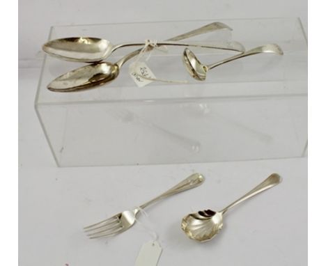 WILLIAM BATEMAN 1ST A PAIR OF OLD ENGLISH PATTERN SILVER TABLE/BASTING SPOONS, London 1816, 132g and THREE OTHER PIECES OF MO