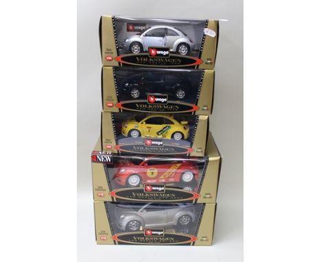 BURAGO DIE-CAST MODELS - Gold Collection 1:18 scale, VW Beetle RSI 2001 and New Beetle car 2000, together with three other Bi