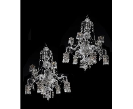 A pair of English cut glass ten light chandeliers, attributable to the manufactory of F and C Osler, Birmingham, early 20th c