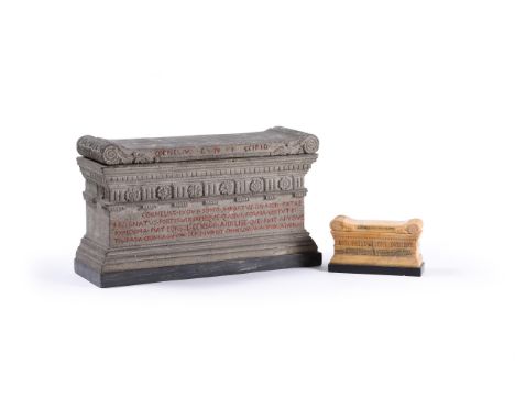 Two Italian Grand Tour souvenir models of the Tomb of Scipio, after the Antique, 19th century, the smaller model in marmo gia