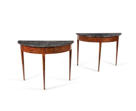 Y A pair of Italian walnut, ebonised and tulipwood inlaid demi-lune console tables, circa 1780, with grey variegated marble t