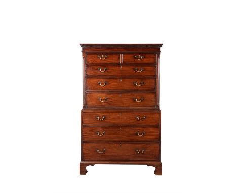A George III mahogany chest on chest, circa 1780, the dentil moulded cornice above two short and three long graduated drawers