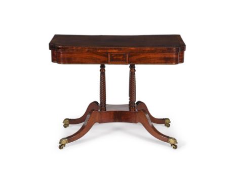 Y A Regency mahogany, rosewood crossbanded and brass strung folding card table, circa 1820, 74cm high, 94cm wide, 47cm deep (