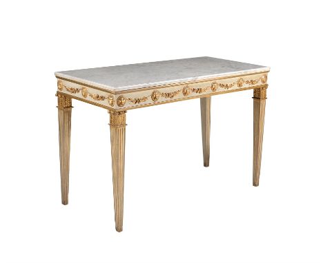 An Italian cream painted and parcel gilt console table, circa 1790, with Carrera marble top, 86cm high, 131cm wide, 60cm deep