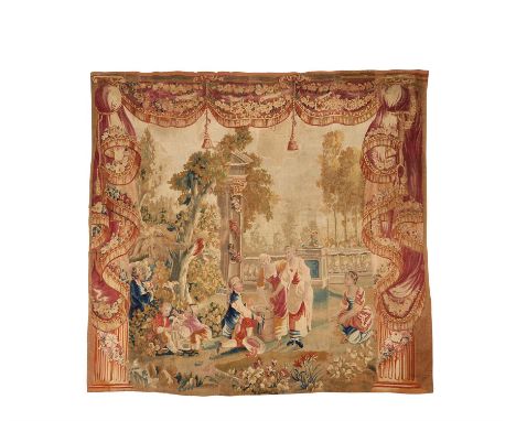 A Louis XVI Aubusson Draperies tapestry, last quarter 18th century, with elegant Watteauesque figures in a formal garden, inc
