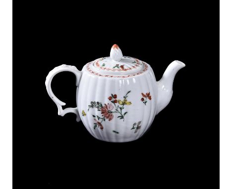 A Bristol gadrooned polychrome barrel teapot and cover, circa 1775, with auricular handle and artichoke finial, blue 'X' mark