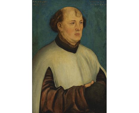 Georg Lemberger (German C.1490-1537)Portrait of a cleric, half-length, in a brown fur-trimmed coat and white chasuble, holdin