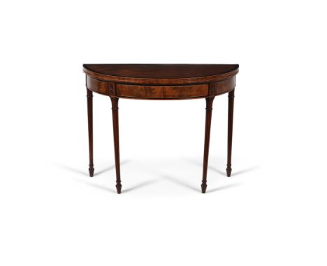 A Regency mahogany and ebony crossbanded demi-lune folding card table, circa 1815, by Gillows, the top of the hinged leg stam