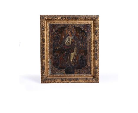 A Spanish Colonial painted copper panel of the Immaculate Conception with Saints, 18th century, with the crowned Virgin Mary 