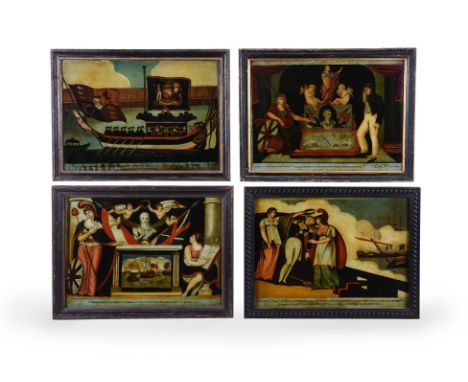 A group of twelve George III and Regency reverse painted glass pictures of military and political subjects, various dates fir