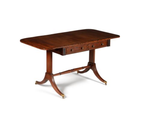 A Regency mahogany and calamander crossbanded sofa table, circa 1815, 70cm high, 138cm wide (when open), 65cm deep For a simi