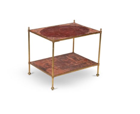 A brass two tier etagere, late 19th/early 20th century, with tooled red leather inset tops, 58.5cm high, 66c,m wide, 50cm dee