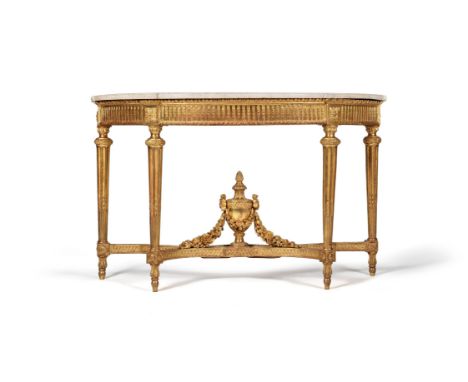 A Louis XVI giltwood and marble topped demi lune console table, circa 1785, in the manner of George Jacob or Johann Friedrich