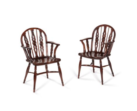 A matched pair of yew and elm Windsor armchairs, second quarter 19th century, of Prior type, attributable to J & R Prior, Uxb