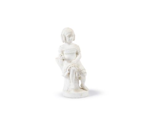 A Victorian sculpted white marble model of a young girl, third quarter 19th century, portrayed seated on a tree trunk and hol