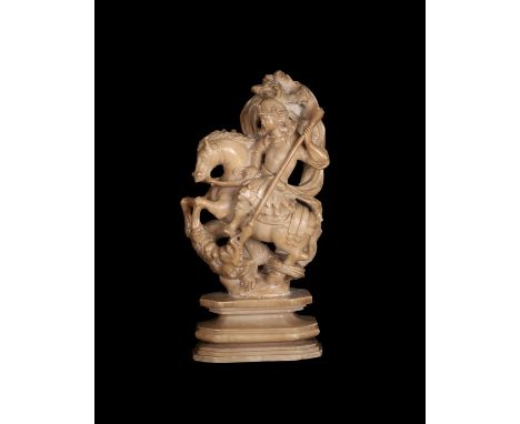 A Spanish or possibly Spanish Colonial alabaster model of St George slaying the dragon, 18th century, the Saint portrayed ast
