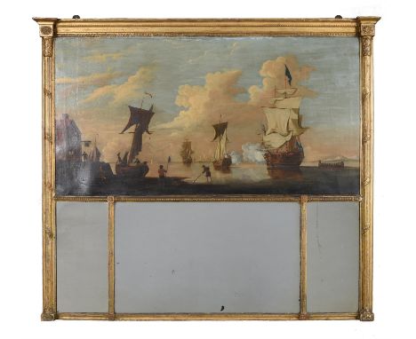 A giltwood and composition overmantel wall mirror, the frame late 18th or early 19th century, with marine oil on canvas scene