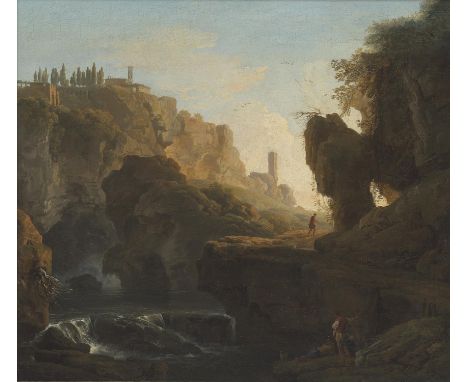 Claude-Joseph Vernet (French 1714-1789)A gorge with fishermen resting by a cascade, a monastery on a cliff beyondoil on canva