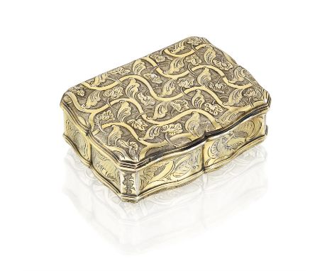 A Louis XV silver-gilt snuff box, makers mark indistinct, 1744/45, cartouche-shaped box with wavy outlines and slightly reced