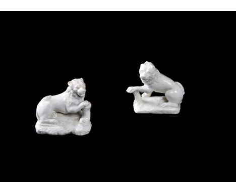 A pair of Bow white porcelain models of a lion and lioness, circa 1752, approx. 10cm in lengthCf. Anton Gabszewicz, Bow Porce
