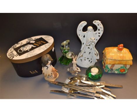 A Victoria and Albert museum teapot, boxed; a cast hare figure; a ceramic angel figure; another, similar glass figure; stainl