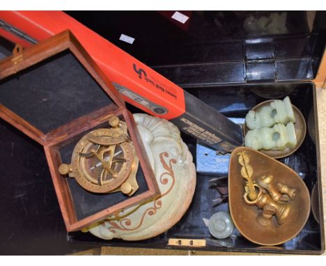 Boxes and Objects - a set of kitchen scales with brass weights; a set of sovereign scales; a reproduction brass compass, case