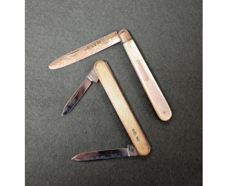 A late Victorian silver bladed folding fruit knife, mother of pearl mounted handle, Thomas Marples, Sheffield 1899;  another 