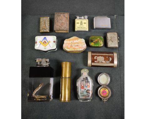 A metal cased pocket compass; an enamel patch pot; a brass French art lighter; vestas; match sleeve; etc 