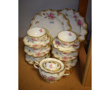 A Royal Crown Derby Royal Pinxton rose pattern six setting tea service, inc cups, saucers, sucrier, bread plates etc , second