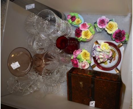 A Cadbury's Bournville the Three Queens casket tin, hinged cover; a silver mounted cut glass posy vase; ceramic floral vases;