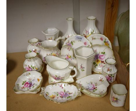 Royal Crown Derby Posies - a pair of hexagonal vases; side plates (2); baluster vases; bud vases, various; milk jug; trinket 