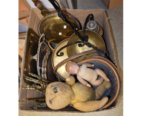 Metalware - to include a warming pan; a silver plate galleried tray; an oil lamp; a jam pan; a floor standing wrought iron ca