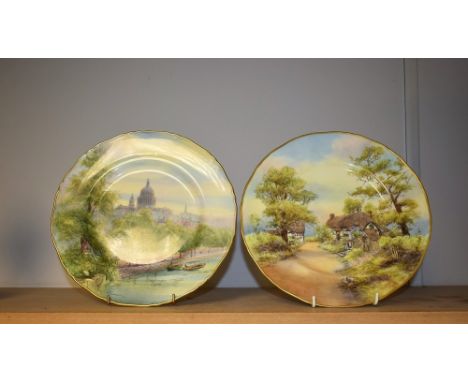 A pair of Royal Worcester circular plates, painted St Paul's from the River and Wick, 27cm diam, printed marks