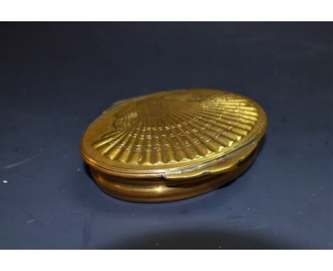 A 19th century brass snuff box, stand-away hinged cover in relief with a shell, 8cm wide, touch mark to base