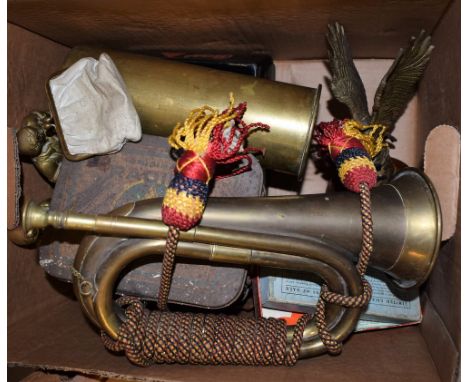 Boxes and Objects - a WWI brass shell, 1914; brass RAF uniform buttons; others, coins, Smiths pocket watches, brass bugle, a 