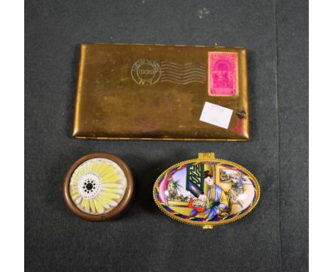 A New York envelope cigarette case; porcelain trinket box; paperweight (3)