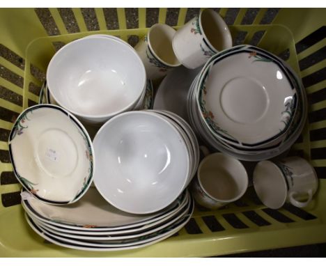 Ceramics - a Royal Doulton Juno pattern part dinner service to include six cups and saucers, dinner, side and tea plates etc;
