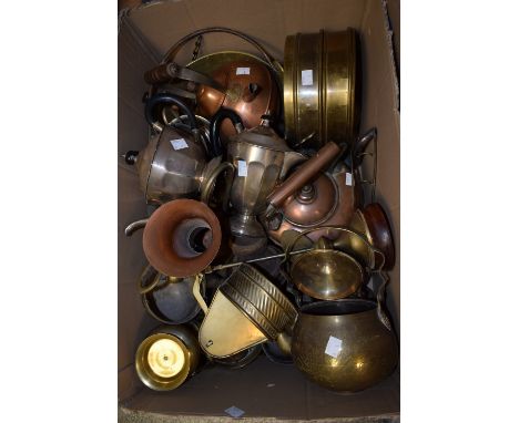 Metalware - a copper kettle; a brass jam pan; a plated tea service; a cast iron set of kitchen scales; other brass and copper