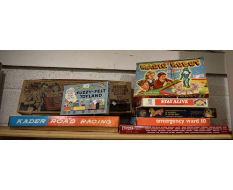 A Merit Derby horse racing game, boxed; Emergency Ward 10, 1958, boxed; The Amazing Magic Robot, boxed; Fuzz Felt Toyland; et