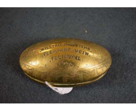 A Welsh brass snuff box inscribed William Griffiths, Pleasant Veiw, Felinvoel, 1900