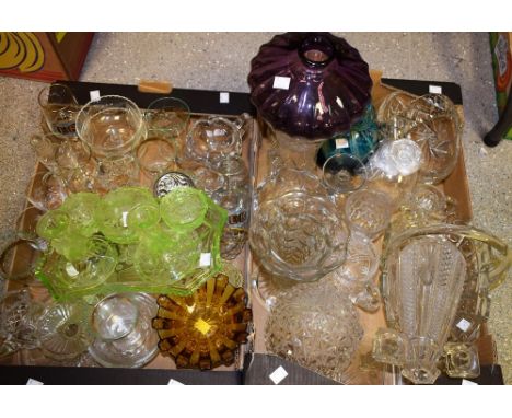 Glassware - a uranium glass dressing table set; a Mdina bottle vase with stopper;  cut glass vases, jugs, lamp shade, sundae 