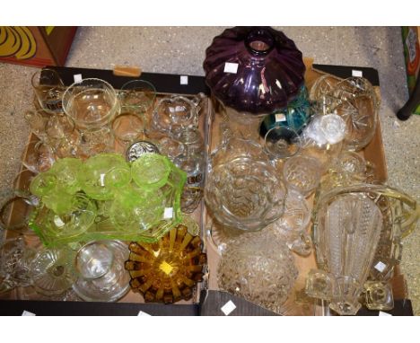 Glassware - a uranium glass dressing table set; a Mdina bottle vase with stopper;  cut glass vases, jugs, lamp shade, sundae 