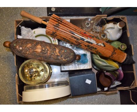 Boxes & Objects, a Hemle anniversary clock, a wall clock, a Weston Supermare studio pottery vase, table china, parasol, etc q